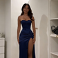 Classy Mermaid Strapless Satin Pleated Slit Long Prom Dresses Formal Dress C4973