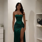 Classy Mermaid Strapless Satin Pleated Slit Long Prom Dresses Formal Dress C4973