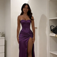 Classy Mermaid Strapless Satin Pleated Slit Long Prom Dresses Formal Dress C4973