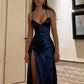 Simple Sexy Mermaid Halter Satin Slit Long Prom Dresses Formal Dress C5106