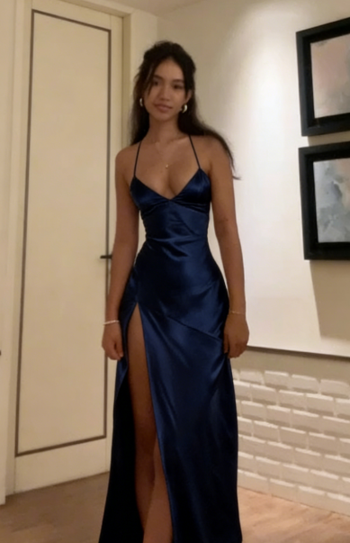 Simple Sexy Mermaid Halter Satin Slit Long Prom Dresses Formal Dress C5106