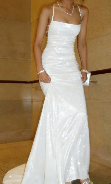 Shiny Mermaid Spaghetti Straps Satin Sequin Long Prom Dresses Formal Dress C5323