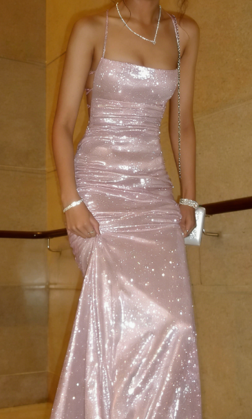 Shiny Mermaid Spaghetti Straps Satin Sequin Long Prom Dresses Formal Dress C5323