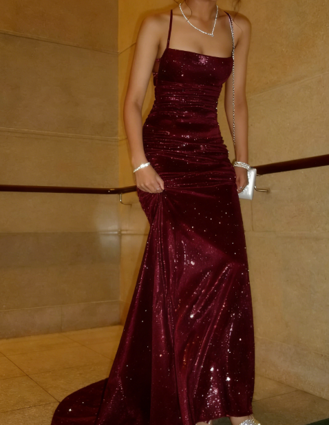 Shiny Mermaid Spaghetti Straps Satin Sequin Long Prom Dresses Formal Dress C5323