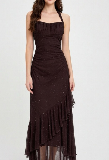Shiny A Line Halter Chiffon Sequin Long Prom Dresses Formal Dress C5759