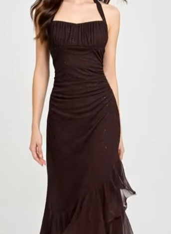 Shiny A Line Halter Chiffon Sequin Long Prom Dresses Formal Dress C5759