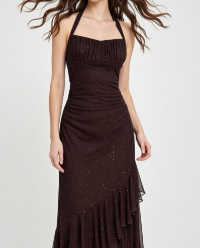Shiny A Line Halter Chiffon Sequin Long Prom Dresses Formal Dress C5759