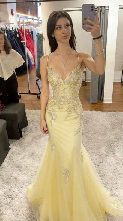 Elegant Mermaid Spaghetti Straps Tulle Sequin Long Prom Dress, Evening Dress C6155