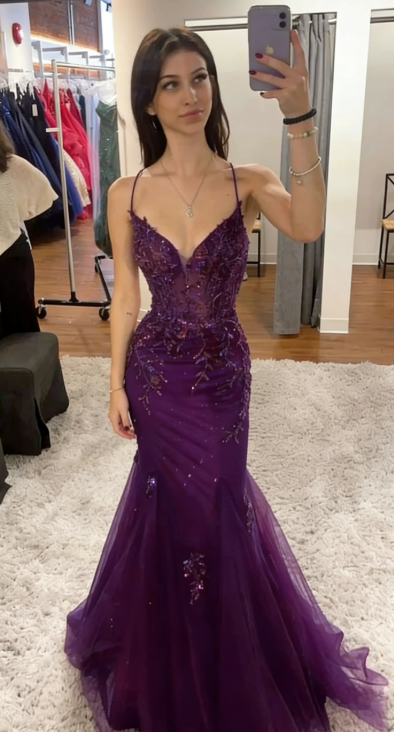 Elegant Mermaid Spaghetti Straps Tulle Sequin Long Prom Dress, Evening Dress C6155