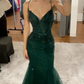 Elegant Mermaid Spaghetti Straps Tulle Sequin Long Prom Dress, Evening Dress C6155