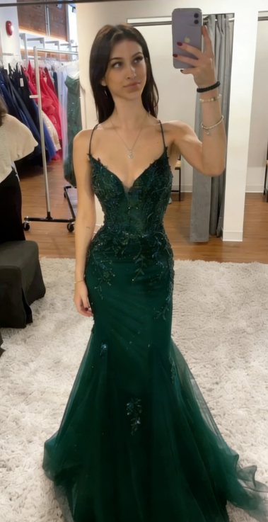 Elegant Mermaid Spaghetti Straps Tulle Sequin Long Prom Dress, Evening Dress C6155