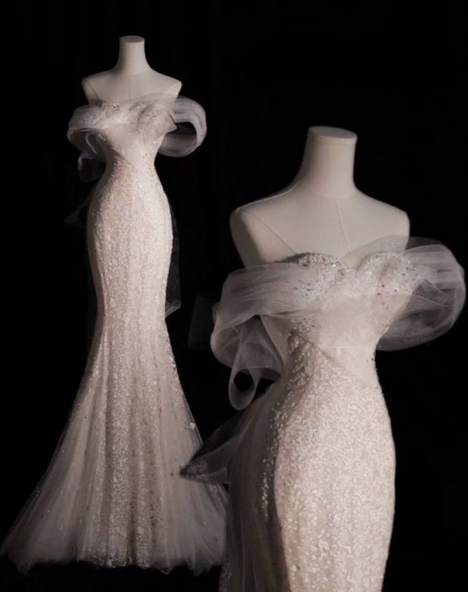 Robe de mariée de conte de fées, sirène blanche, épaules dénudées, manches courtes, robes de mariée C767