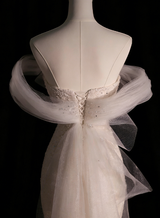 Robe de mariée de conte de fées, sirène blanche, épaules dénudées, manches courtes, robes de mariée C767
