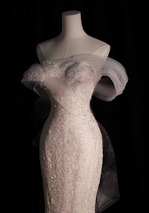 Robe de mariée de conte de fées, sirène blanche, épaules dénudées, manches courtes, robes de mariée C767
