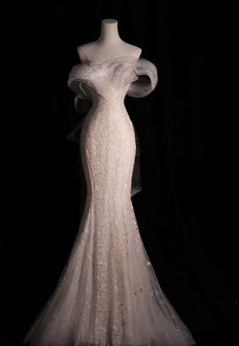 Robe de mariée de conte de fées, sirène blanche, épaules dénudées, manches courtes, robes de mariée C767