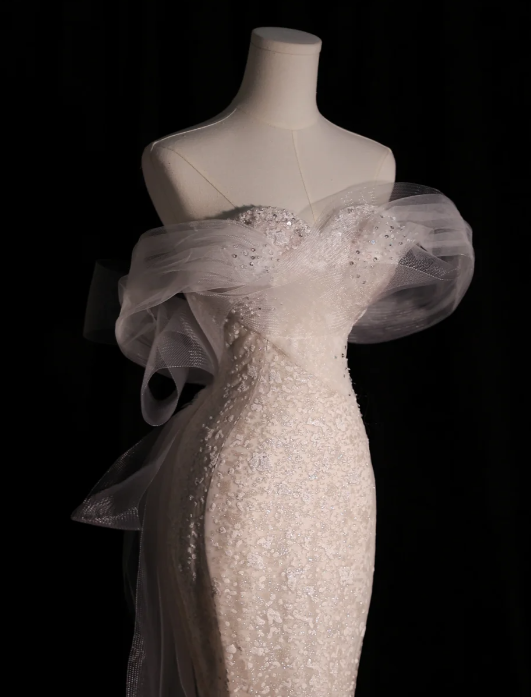 Robe de mariée de conte de fées, sirène blanche, épaules dénudées, manches courtes, robes de mariée C767