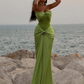 Modest Mermaid Sweetheart Sage Green Long Satin Prom Dresses Evening Dress C2843