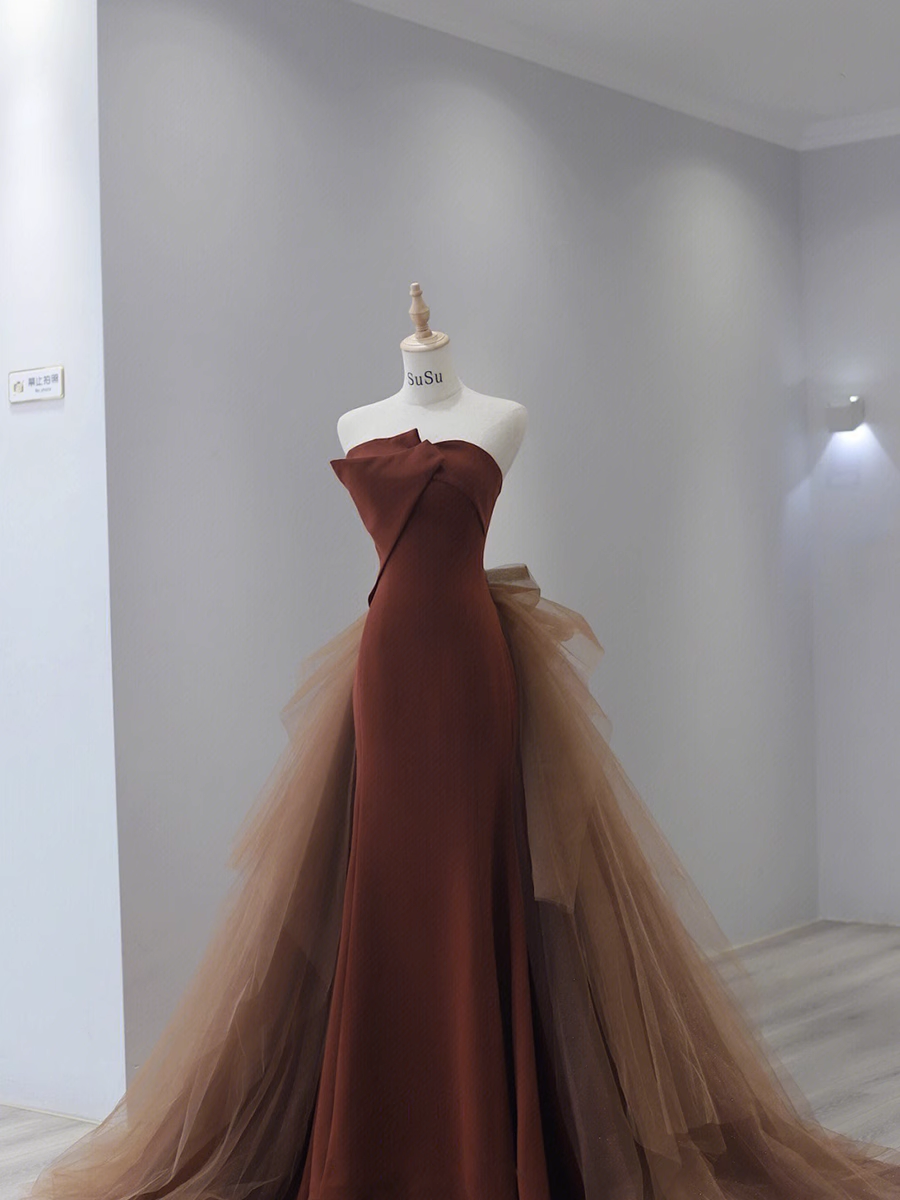 Robe de bal simple sirène sans bretelles marron longueur au sol B001