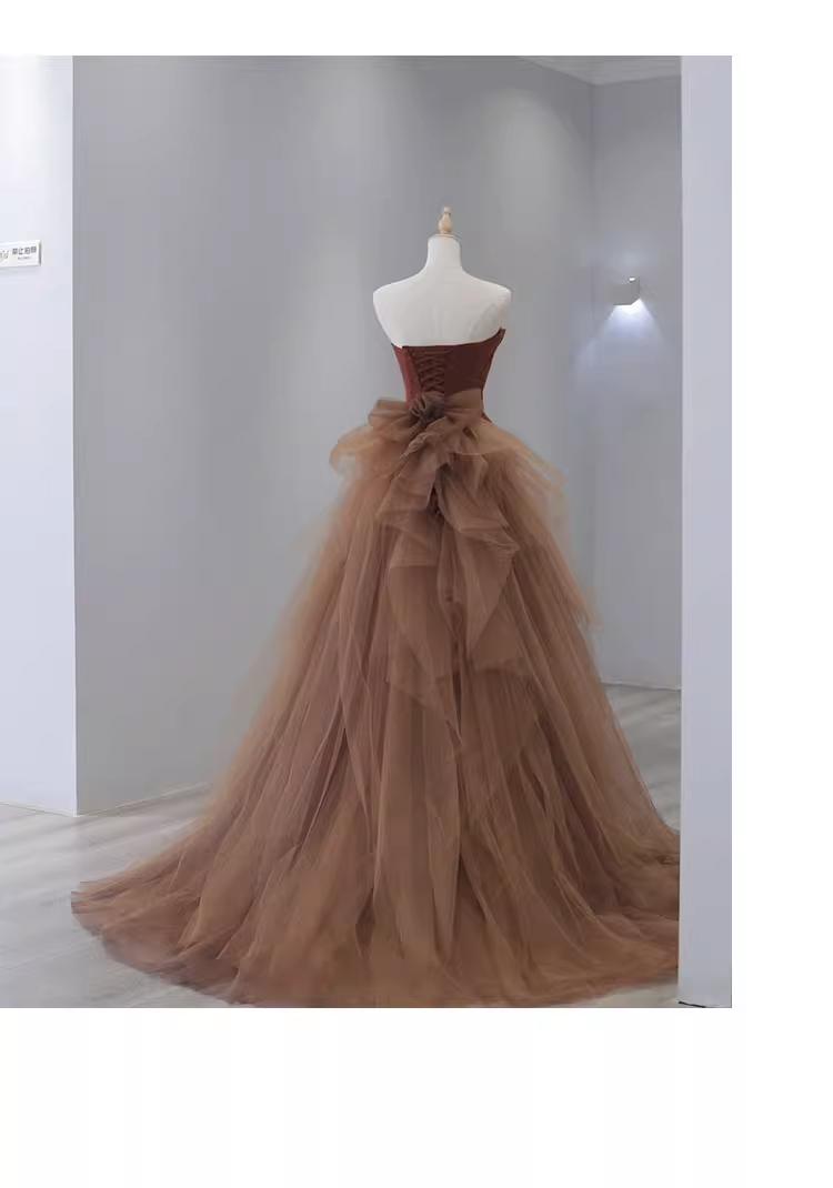 Robe de bal simple sirène sans bretelles marron longueur au sol B001