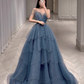 Luxury A line Spaghetti Straps Grey Blue Floor Length Prom Dresses B002