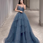 Luxe une ligne bretelles Spaghetti gris bleu longueur de plancher robes de bal B002