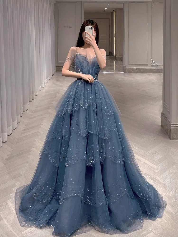 Luxe une ligne bretelles Spaghetti gris bleu longueur de plancher robes de bal B002
