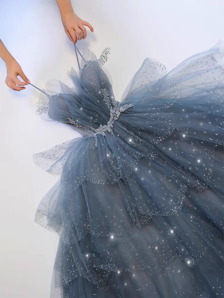 Luxe une ligne bretelles Spaghetti gris bleu longueur de plancher robes de bal B002