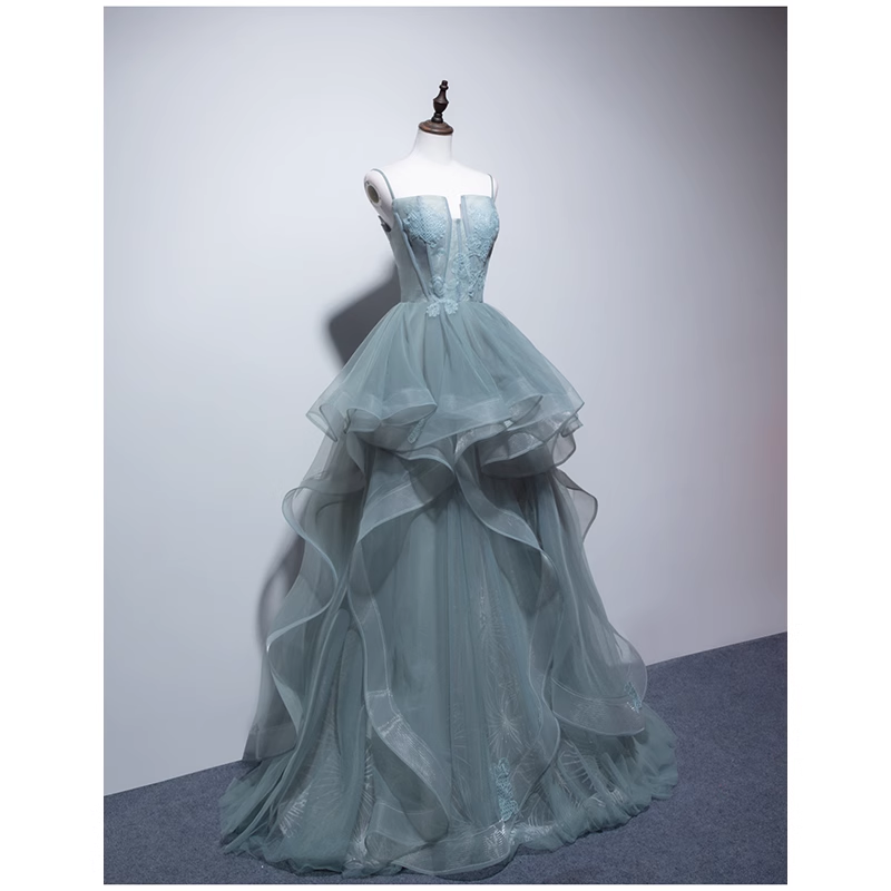 Simple A line Spaghetti Straps Grey Blue Floor Length Prom Dresses B003