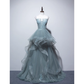 Robe de bal simple ligne A, bretelles Spaghetti, gris, bleu, longueur au sol, B003