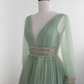 A line V Neckline Floor Length Tulle Mint Green Long Prom Dresses B005