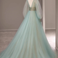 A line V Neckline Floor Length Tulle Mint Green Long Prom Dresses B005