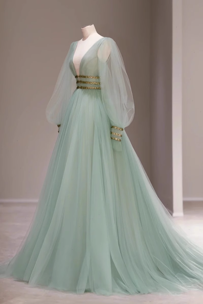 A line V Neckline Floor Length Tulle Mint Green Long Prom Dresses B005