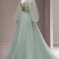 A line V Neckline Floor Length Tulle Mint Green Long Prom Dresses B005
