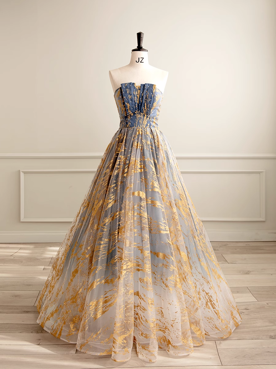 Ball Gown Strapless Floor Length Blue Long Prom Dresses Sweet 16 Dress B006