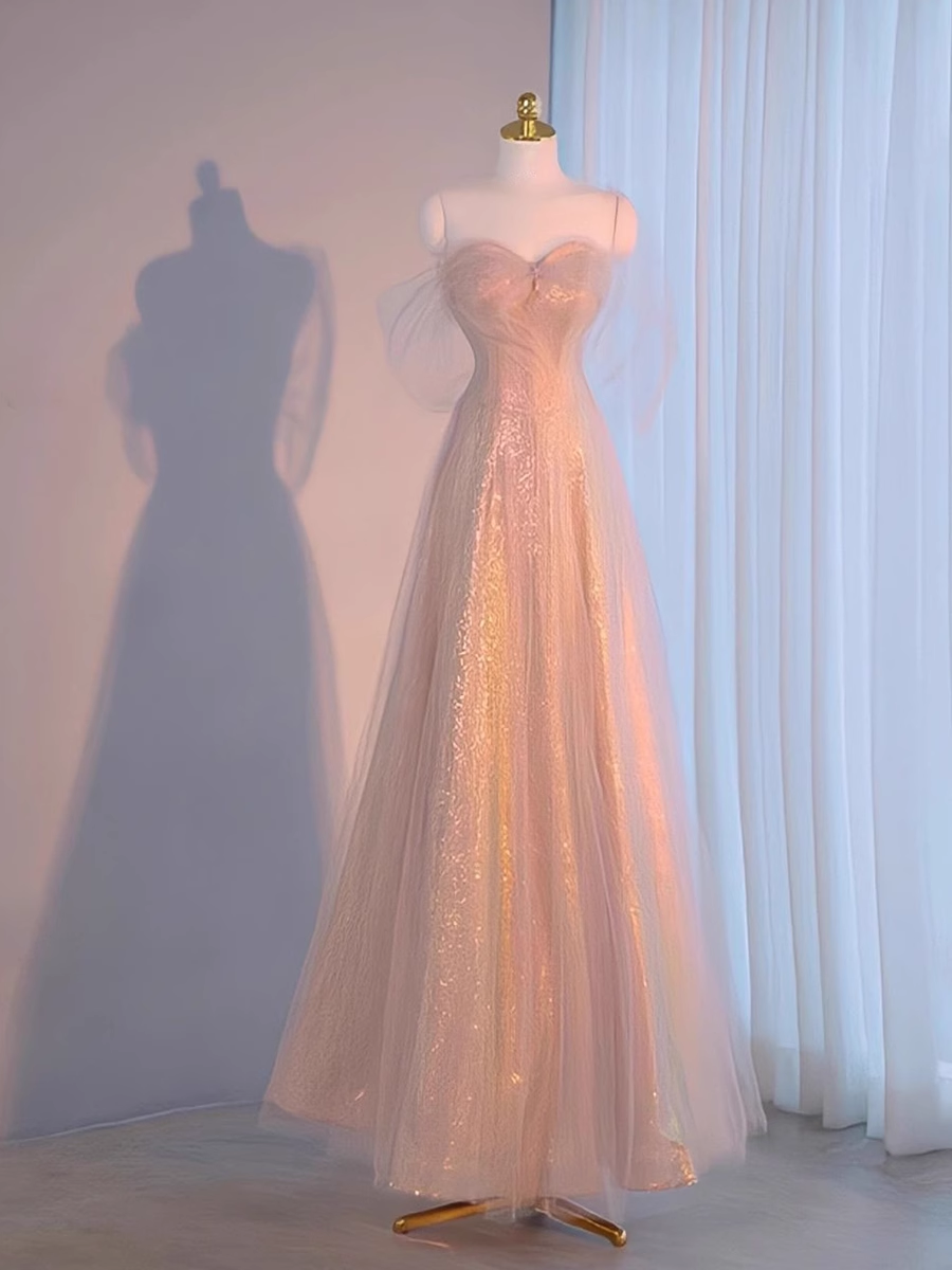 A line Spaghetti Straps Floor Length Pink Long Prom Dresses B009