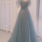 A line Straplesss Floor Length Tulle Blue Long Prom Dresses B010