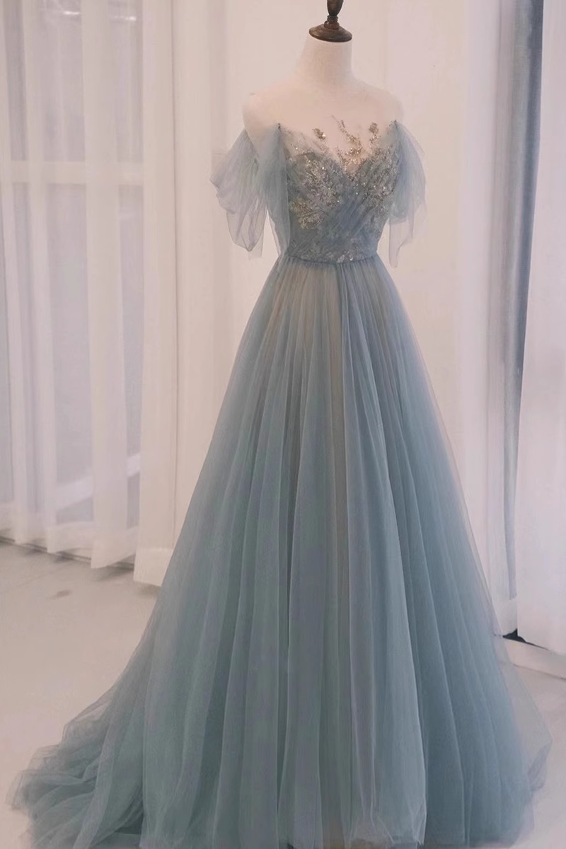 A line Straplesss Floor Length Tulle Blue Long Prom Dresses B010
