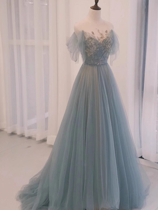 Une ligne sans bretelles longueur au sol en tulle bleu longues robes de bal B010