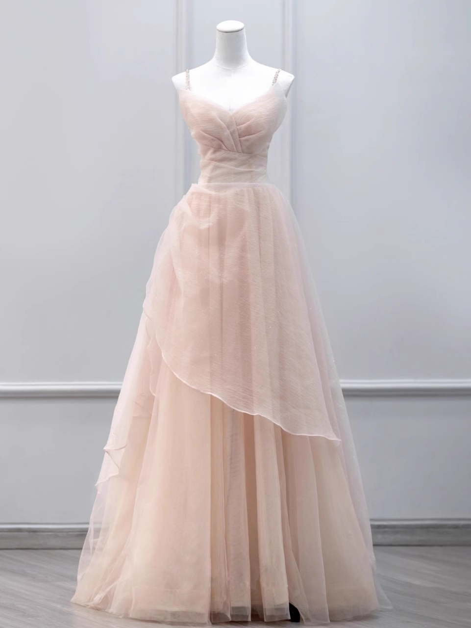 Simple A line Straps Floor Length Tulle Pink Long Prom Dresses B011
