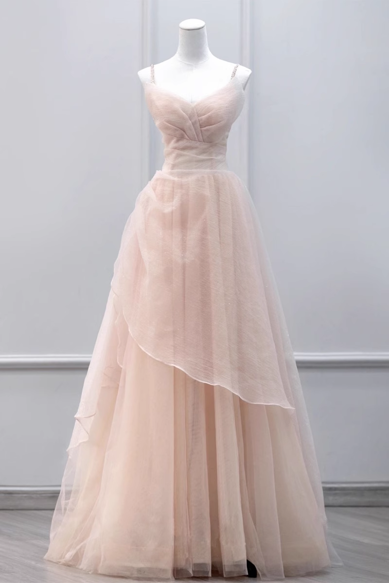 Simple A line Straps Floor Length Tulle Pink Long Prom Dresses B011