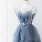 Luxury A line Spaghetti Straps Grey Blue Floor Length Prom Dresses B012