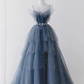 Luxury A line Spaghetti Straps Grey Blue Floor Length Prom Dresses B012