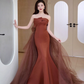 Simple Mermaid Strapless Brown Floor Length Tulle Prom Dress B013