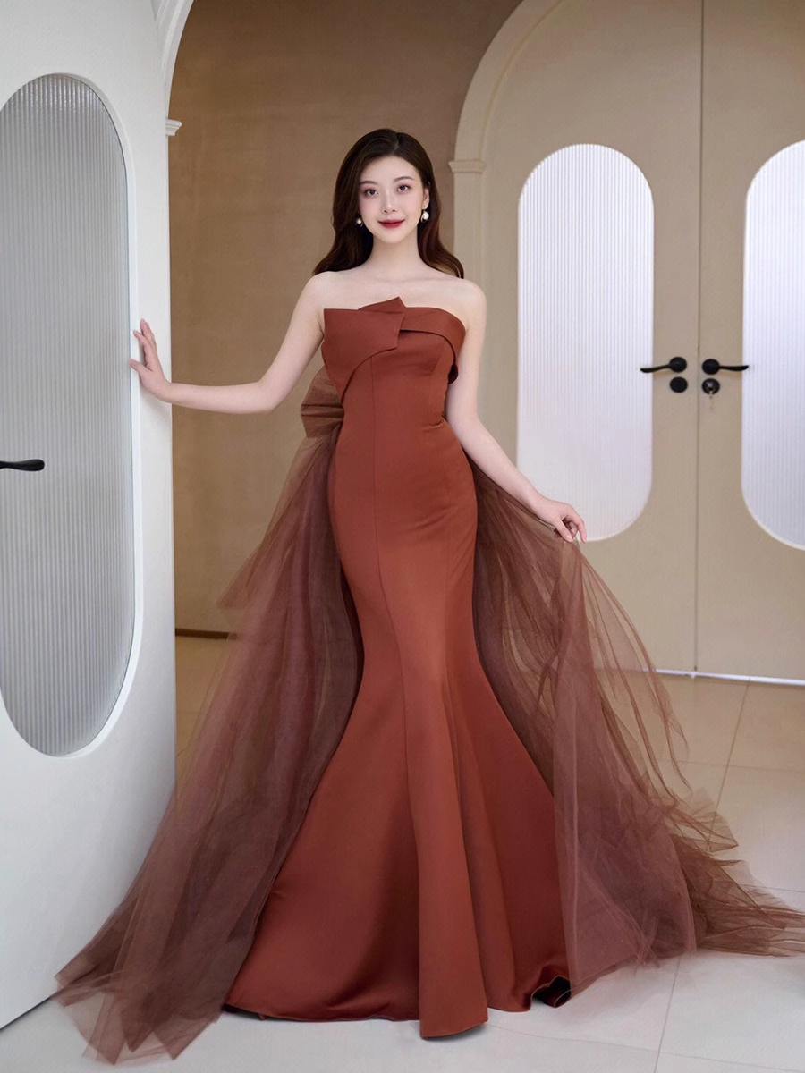 Robe de bal en tulle simple sirène sans bretelles marron longueur au sol B013