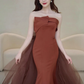 Simple Mermaid Strapless Brown Floor Length Tulle Prom Dress B013