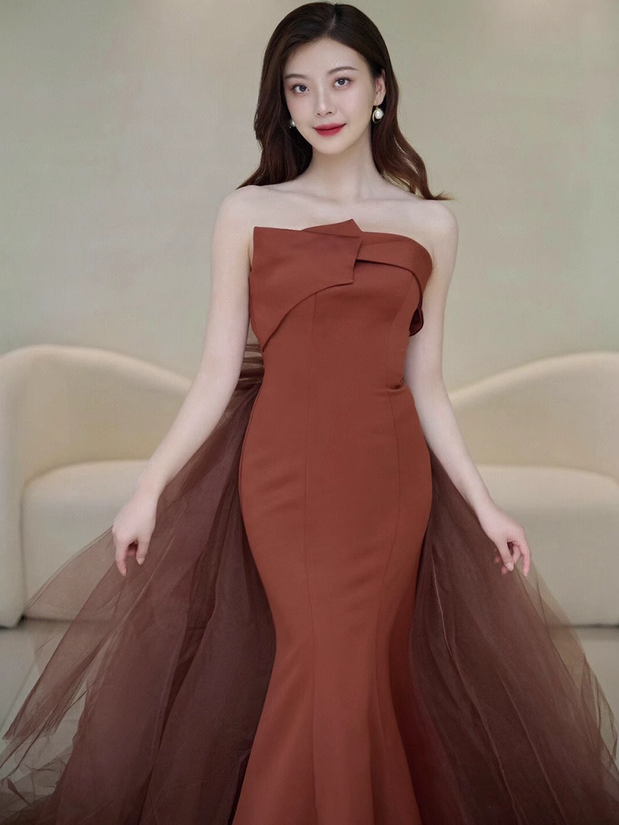 Simple Mermaid Strapless Brown Floor Length Tulle Prom Dress B013