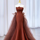 Simple Mermaid Strapless Brown Floor Length Tulle Prom Dress B013