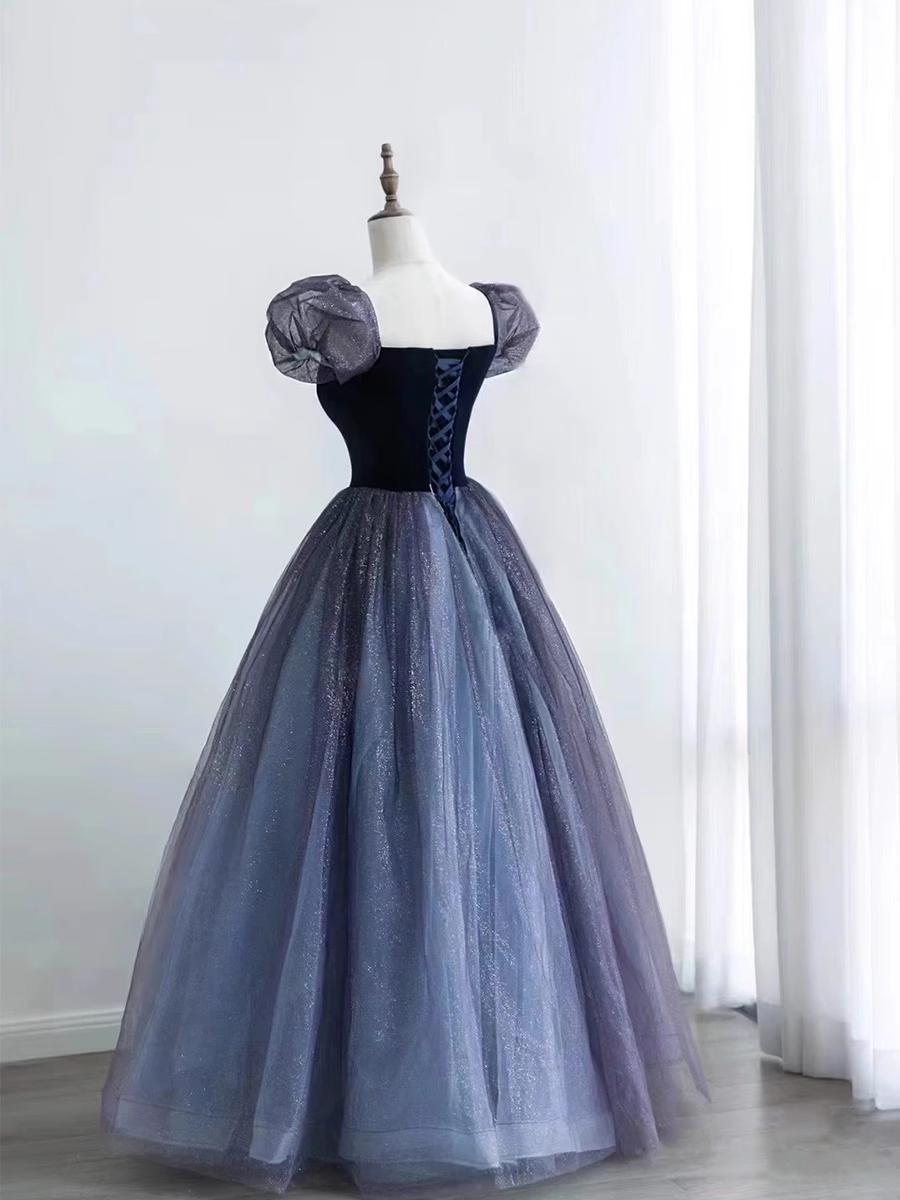 Princess Ball Gown Floor Length Short Sleeves Tulle Prom Dress B014