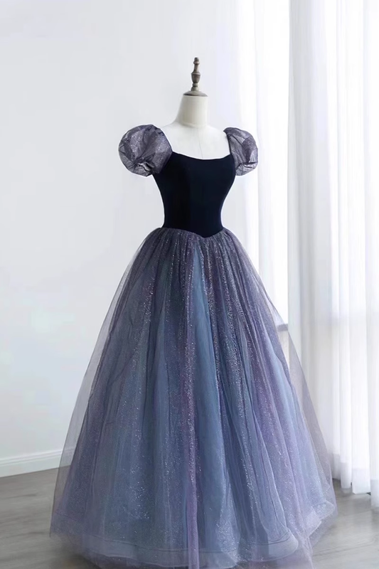 Princess Ball Gown Floor Length Short Sleeves Tulle Prom Dress B014