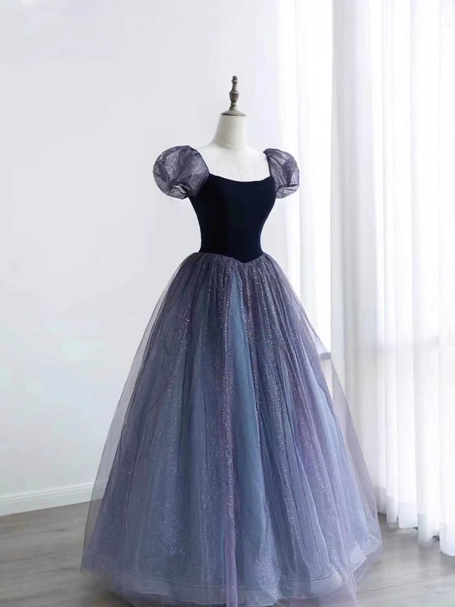 Princess Ball Gown Floor Length Short Sleeves Tulle Prom Dress B014